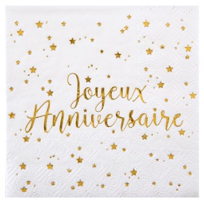 Serviette Joyeux Anniversaire Blanc 12.5 x 12.5 cm Sachet de