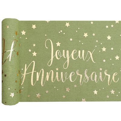 Chemin de table Joyeux Anniversaire métallisé Sauge 3 mètres