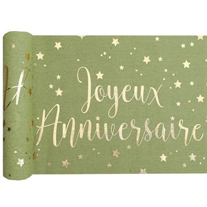 Chemin de table Joyeux Anniversaire métallisé Sauge 3 mètres