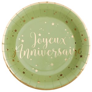 Assiette Joyeux Anniversaire Sauge Sachet de 10 pièces