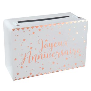 Tirelire Joyeux Anniversaire métallisé Rose 24 x 16 x 10 cm