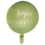 Ballon Alu Joyeux Anniversaire métallisé Sauge Ø 45 cm. Héli