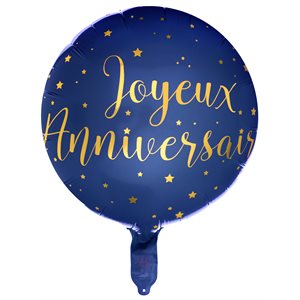 Ballon Alu Joyeux Anniversaire métallisé Bleu Ø 45 cm. Héliu