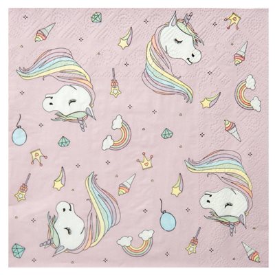 Serviette Licorne Rose 16.5 x 16.5 cm Sachet de 20 pièces