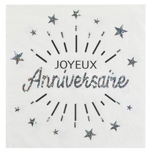 Serviette Anniversaire Etincelant Argent 16.5 x 16.5 cm Sach