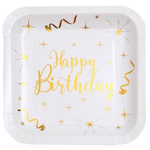 Assiette Happy birthday Or 23 x 23 cm Sachet de 10 pièces